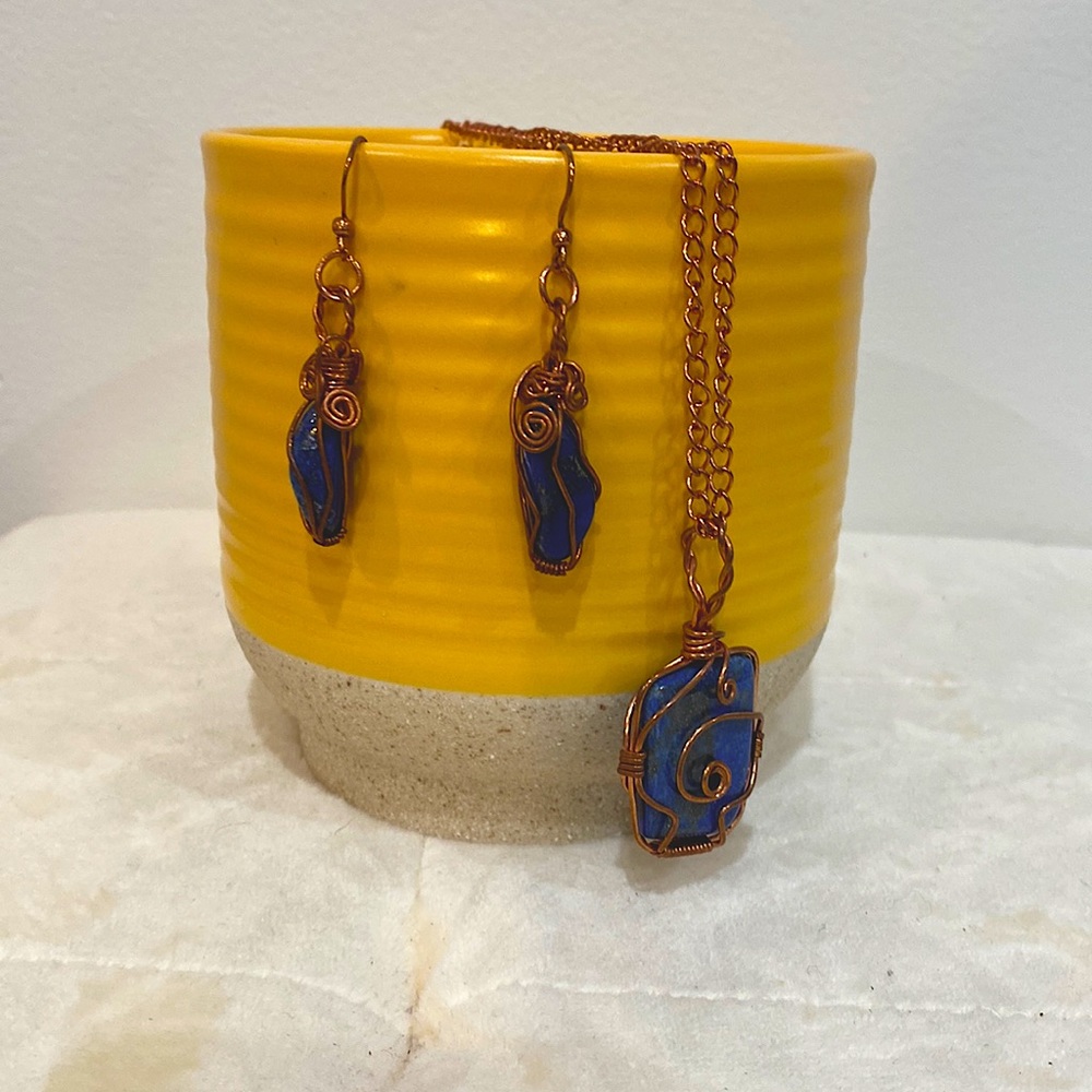 Authentic Copper Wrapped Lapis Lazuli Pendant and Earrings Set